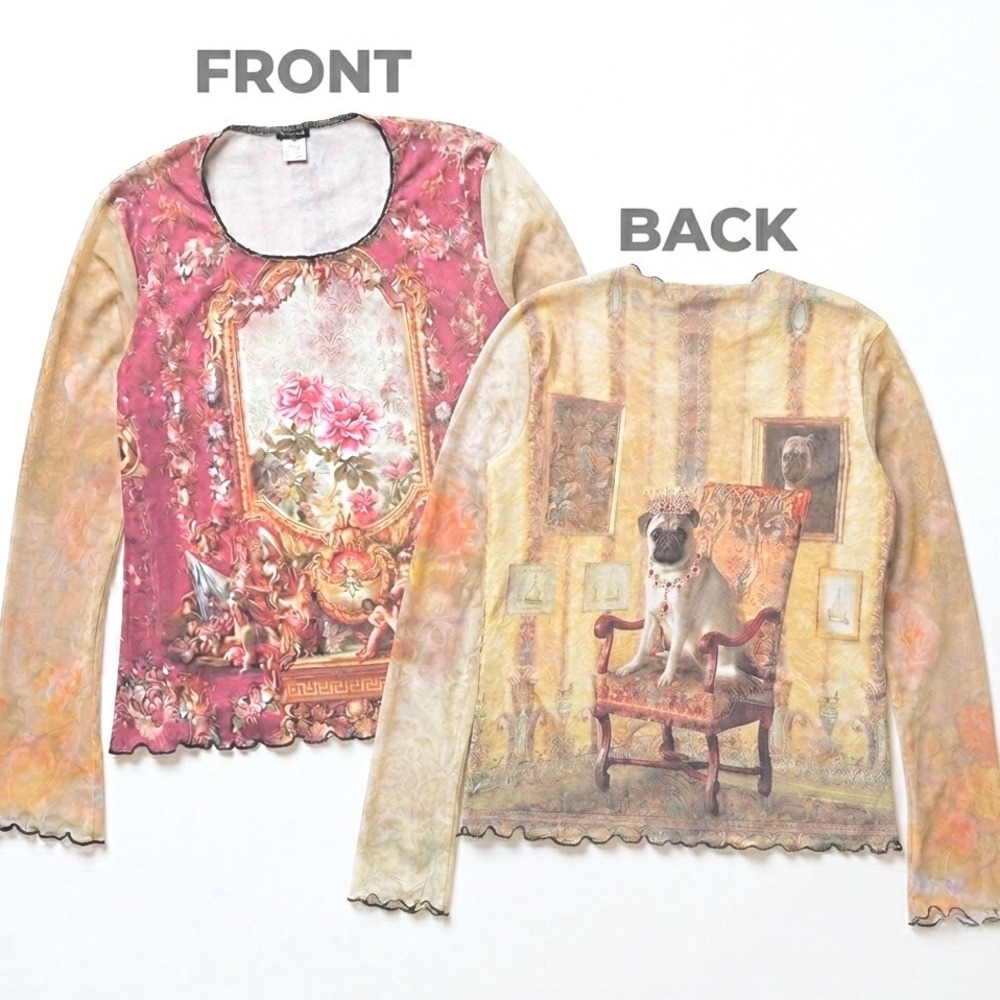 Yukiko Victorian Pug Mesh Sleeve Top XL Pink Floral Fairycore Whimsy Pheobe